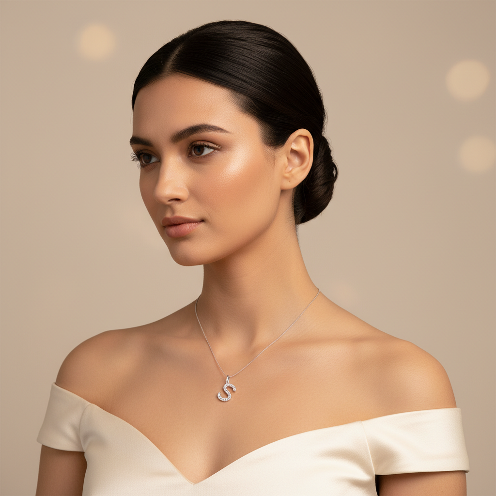 Diamond Letter S Initial Charm Pendant in White Gold