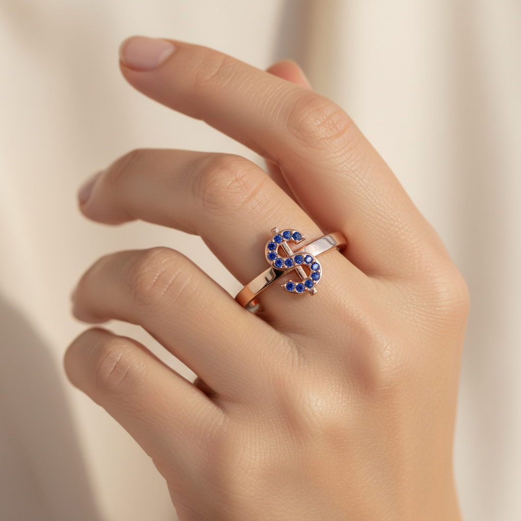 Blue Sapphire Dollar Sign Statement Ring - Three