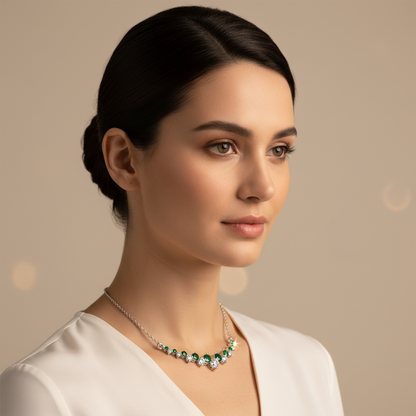 Rose Gold Emerald And Diamond Curved Bar Necklace - Five