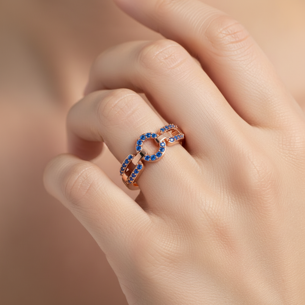 Blue Sapphire Circular Link Ring In Rose Gold | Double Pave Interlocking Chain Statement Luxury Ring For Women | Jebij - Eight