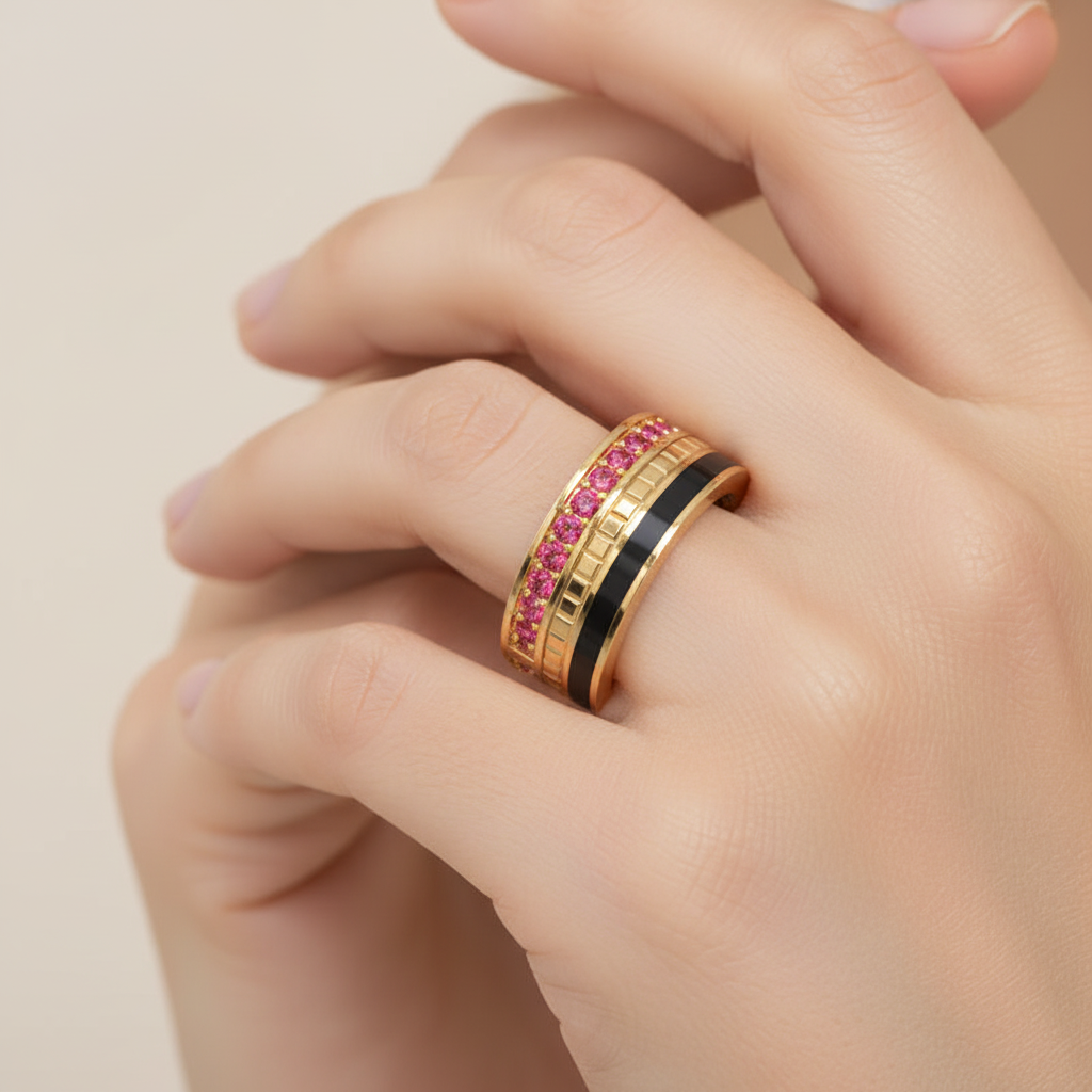 Gold Ruby Band Ring 6Mm With Black Enamel – Bold Statement Luxury Ring | Jebij - Eight