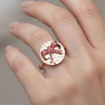 Honeycomb Bee Ring With Pink Gemstones  Rose Tone Disc Ring - Eight