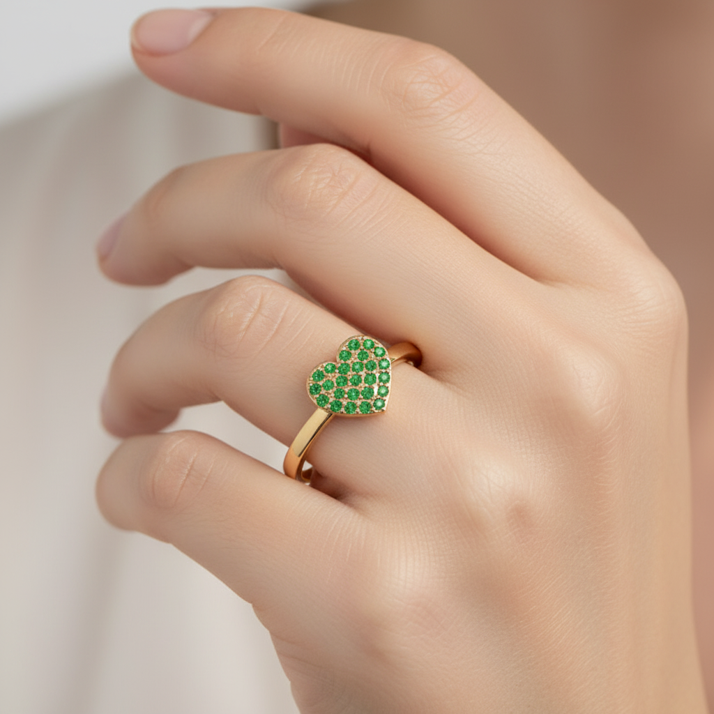 Emerald Pav Heart Ring Dainty Stackable Band - Eight