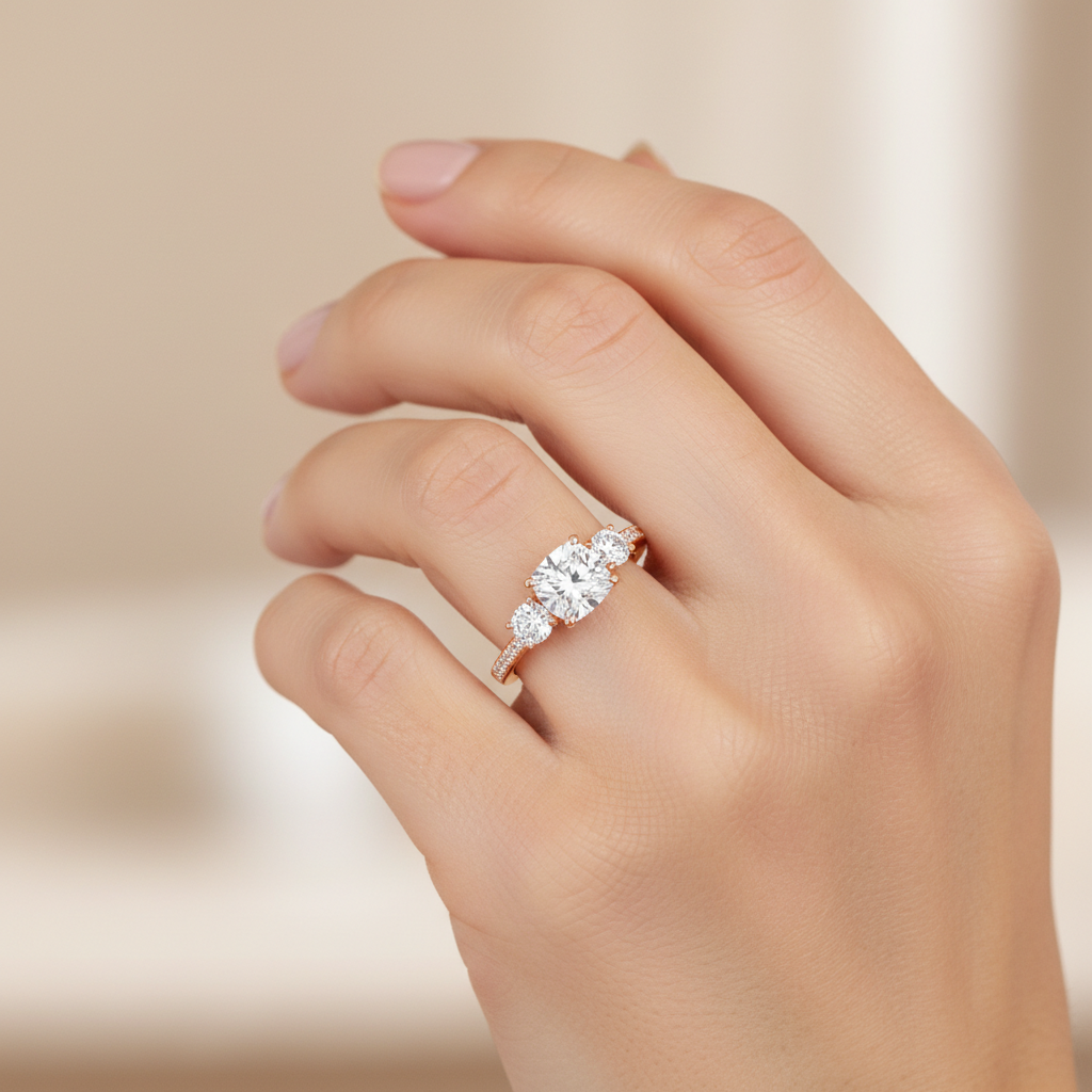 Rose Gold Three Stone Diamond Engagement Ring With Baguette Side Stones - Fourteen