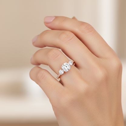 Rose Gold Three Stone Diamond Engagement Ring With Baguette Side Stones - Fourteen