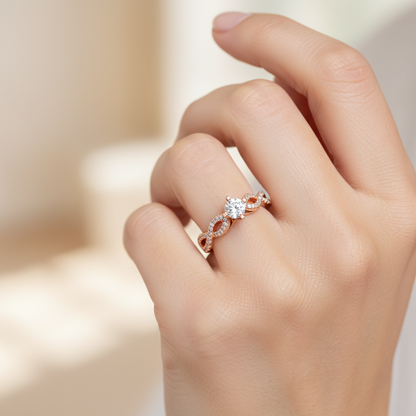 Rose Gold Diamond Engagement Ring With Pav Band And Solitaire Setting - Fourteen