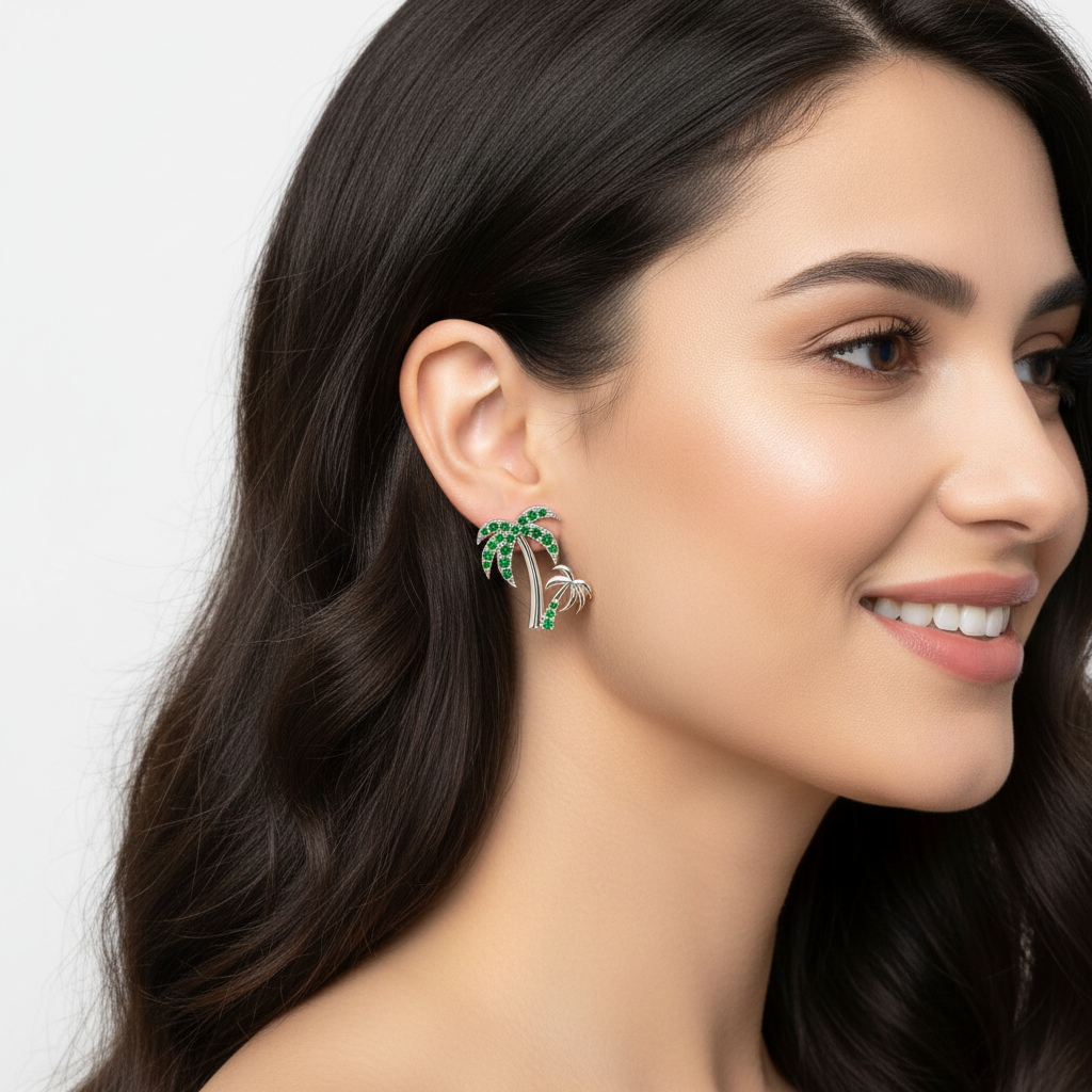 Green Crystal Palm Tree Stud Earrings - Five