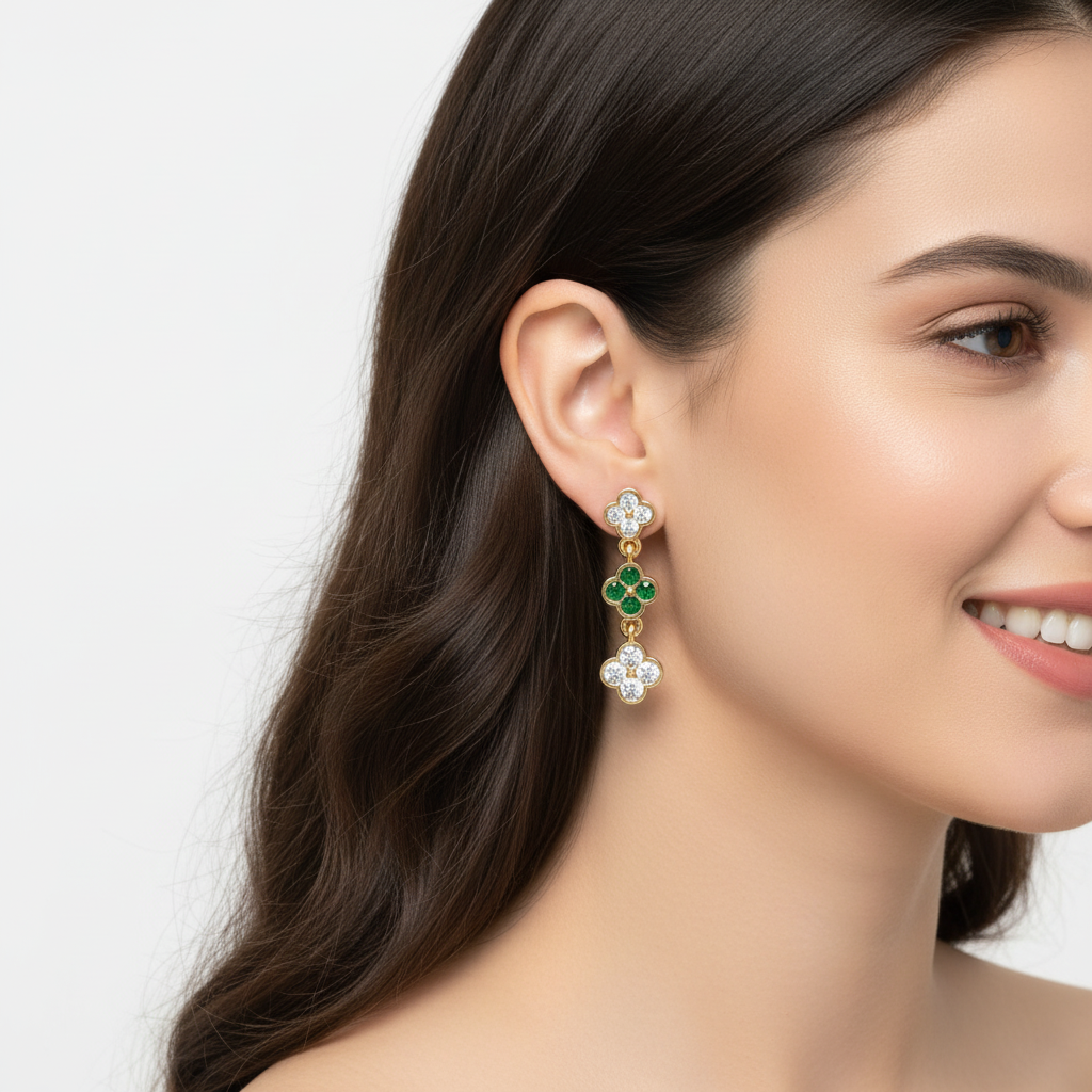 Gold Clover Drop Earrings With Green Gem Stone And White Diamonds - Eight