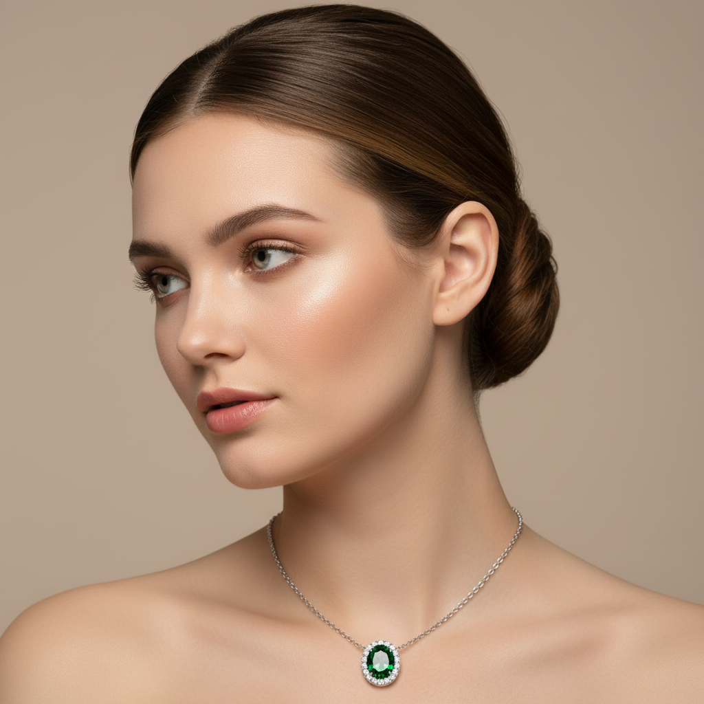 925 Silver Oval Emerald Halo Pendant Necklace With Moissanite Accents - Six