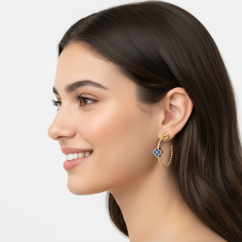 Blue Crystal Flower Beaded Hoop Earrings - Five