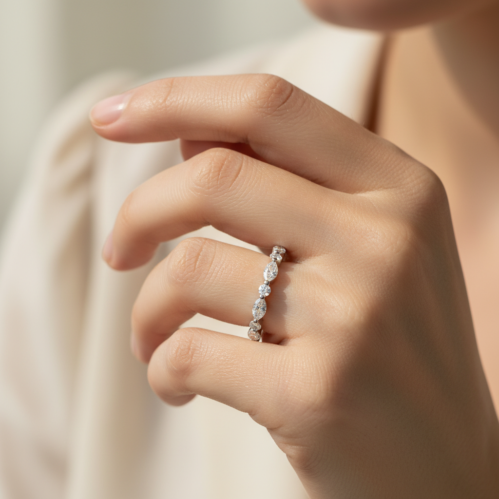 Alternating Oval and Round Diamond Stackable Wedding Band in White Gold