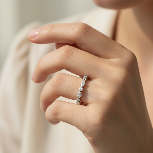 Alternating Oval and Round Diamond Stackable Wedding Band in White Gold