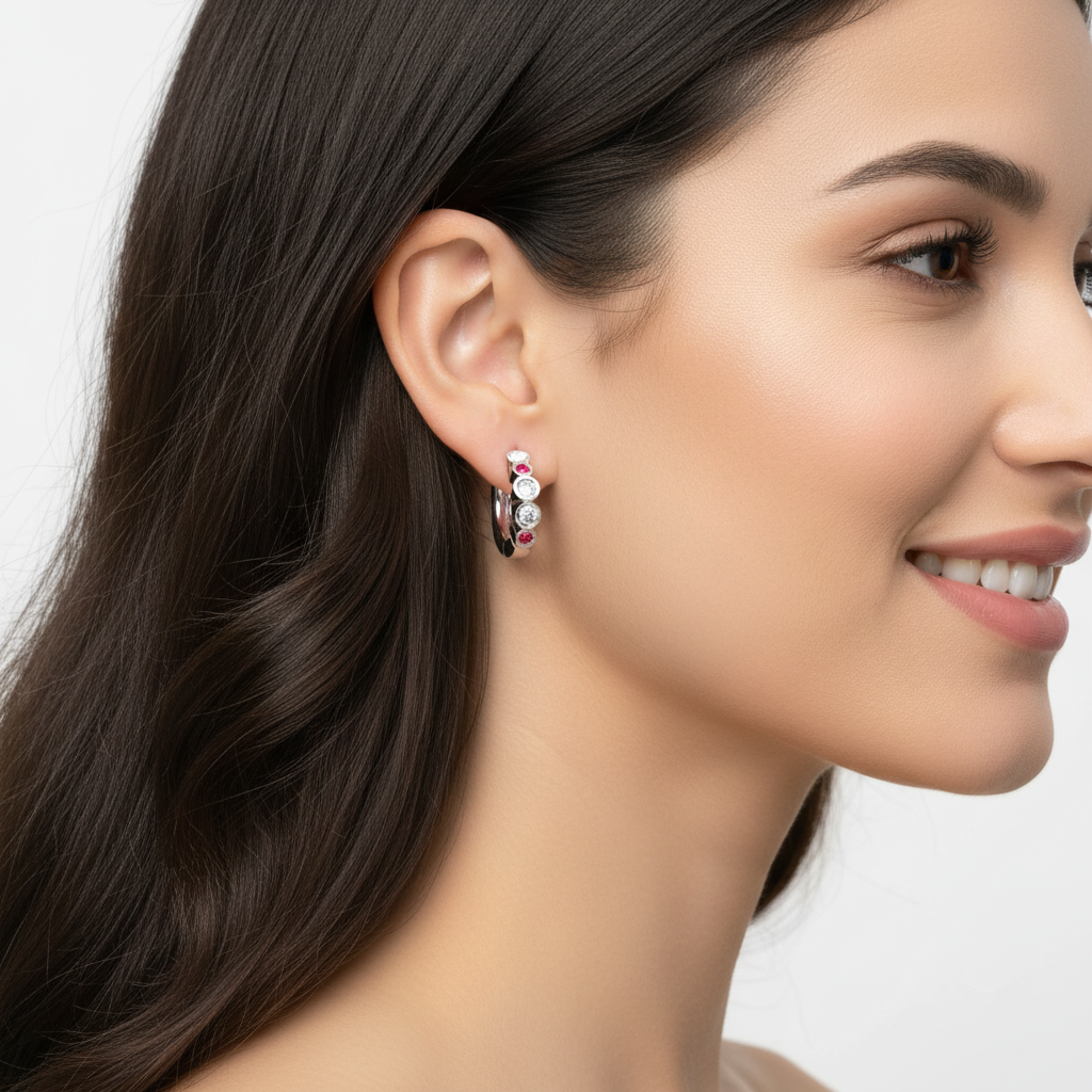 Pink And White Diamond Bezel Set Hoop Earrings In White Gold - Eleven