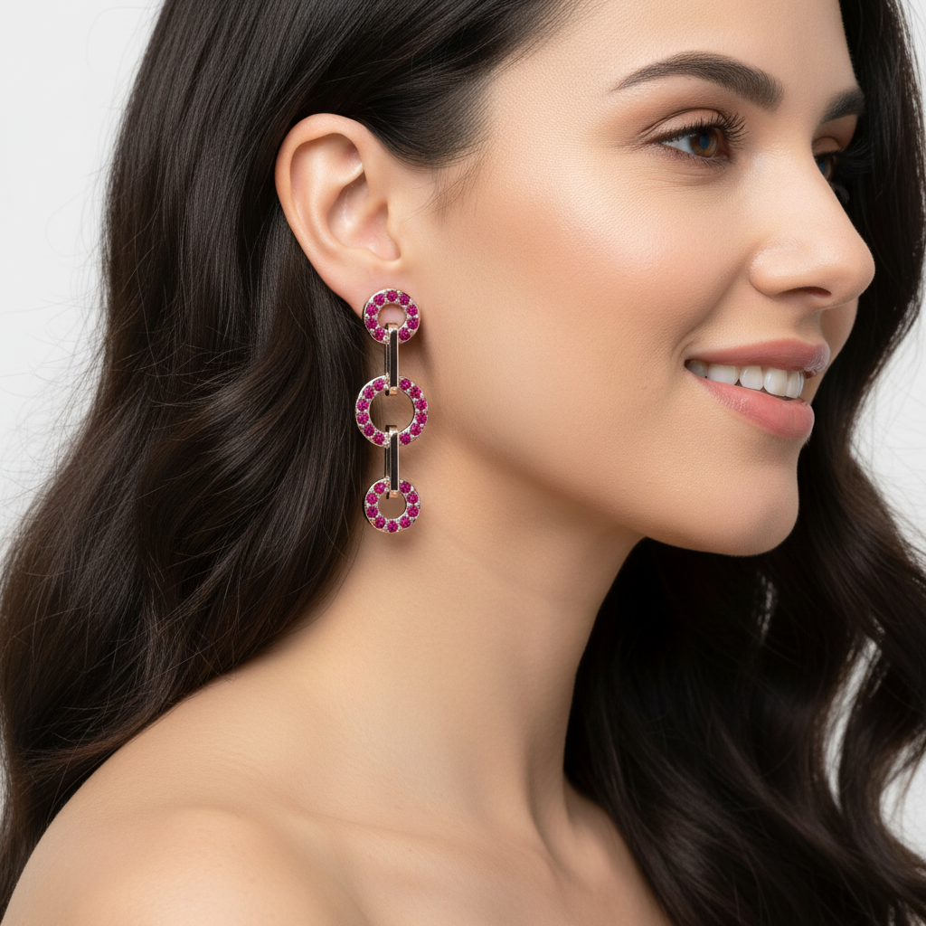 Pink Sapphire Triple Circle Link Drop Earrings - Five
