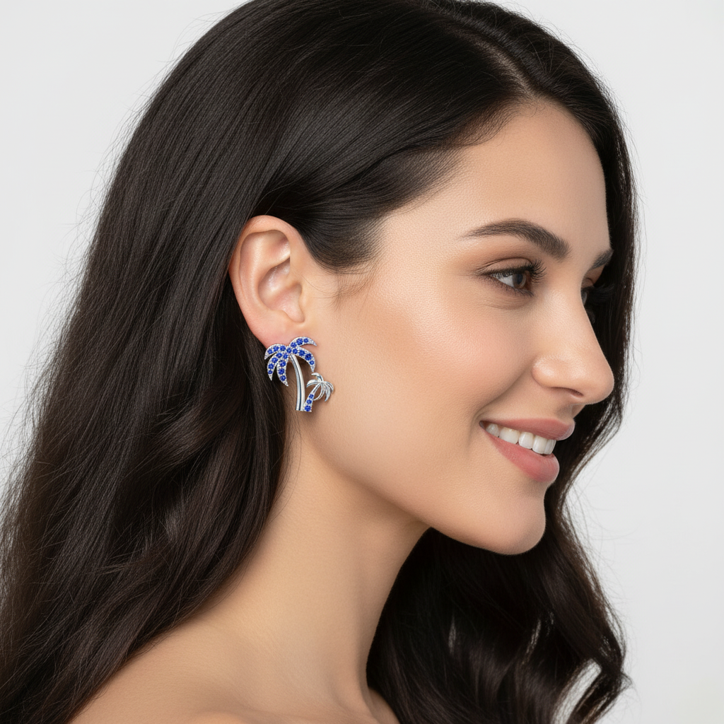 Blue Crystal Palm Tree Stud Earrings - Five