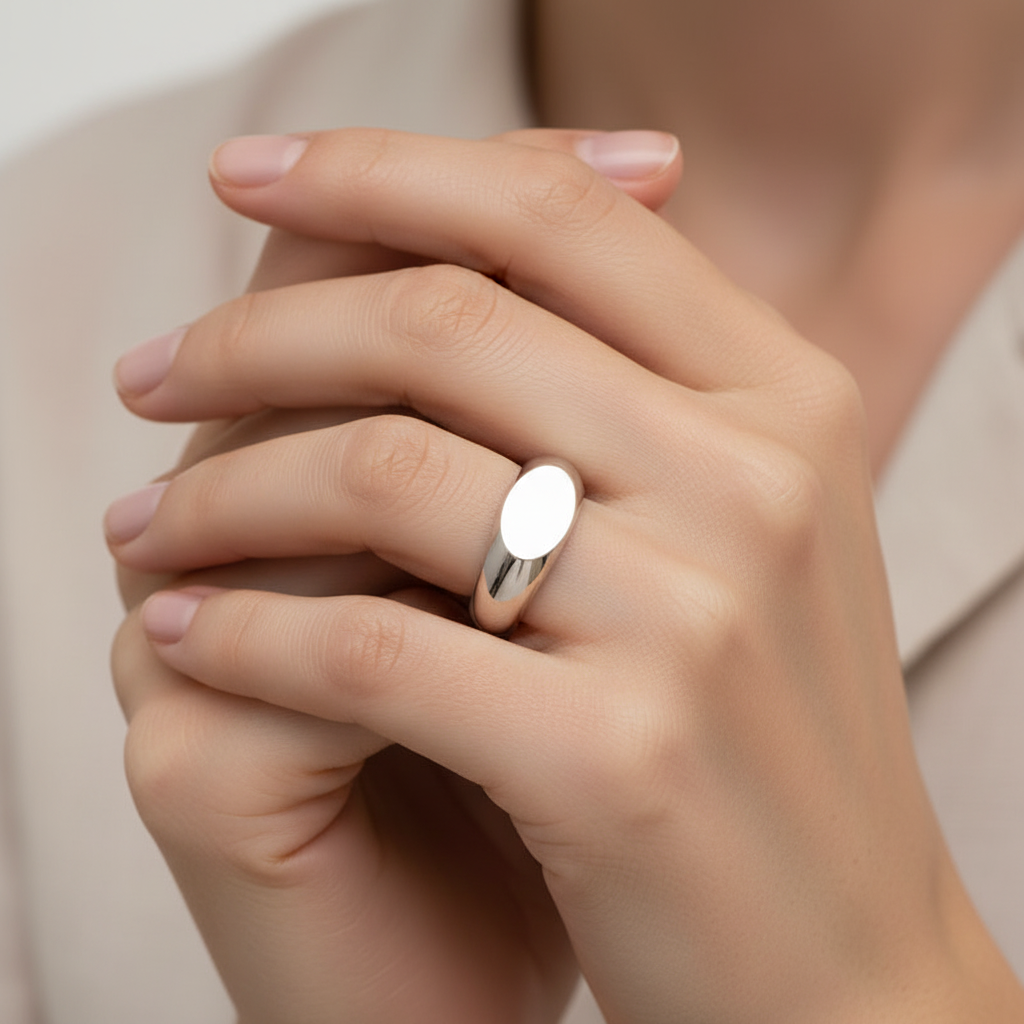 Oval Signet Ring With Smooth Polished Finish - Four