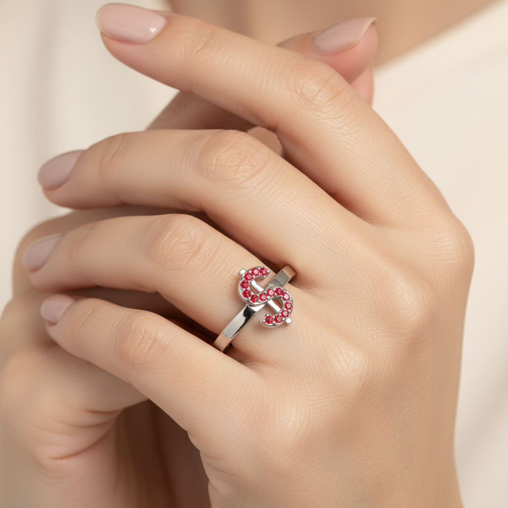 Ruby Dollar Sign Statement Ring Rose Tone Finish
