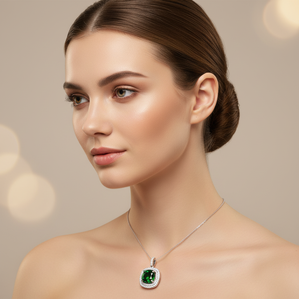 Green Cushion Cut Moissanite Halo Pendant In 925 Sterling Silver - Four