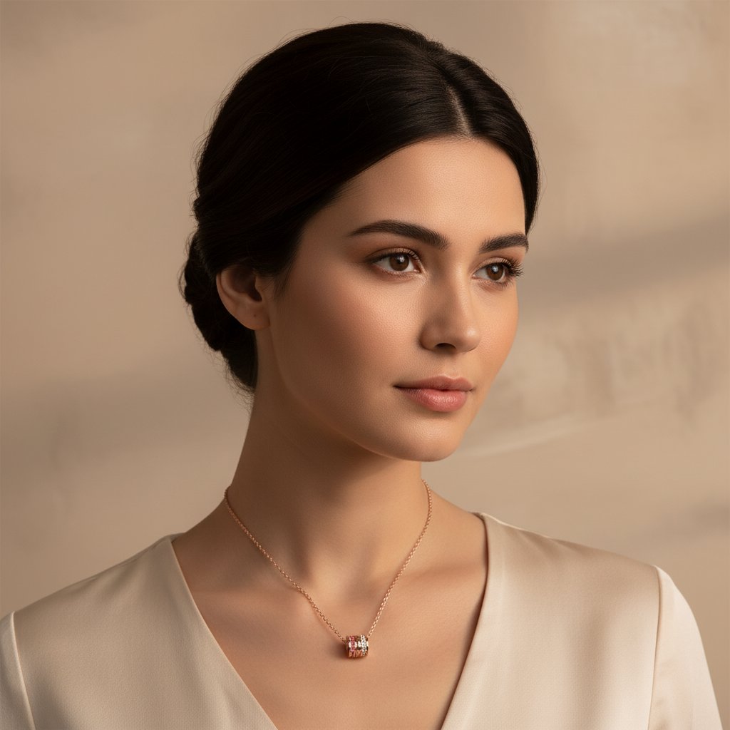 Minimal Red Gemstone Barrel Pendant | Diamond Necklace In Rose Gold | Jebij - Five
