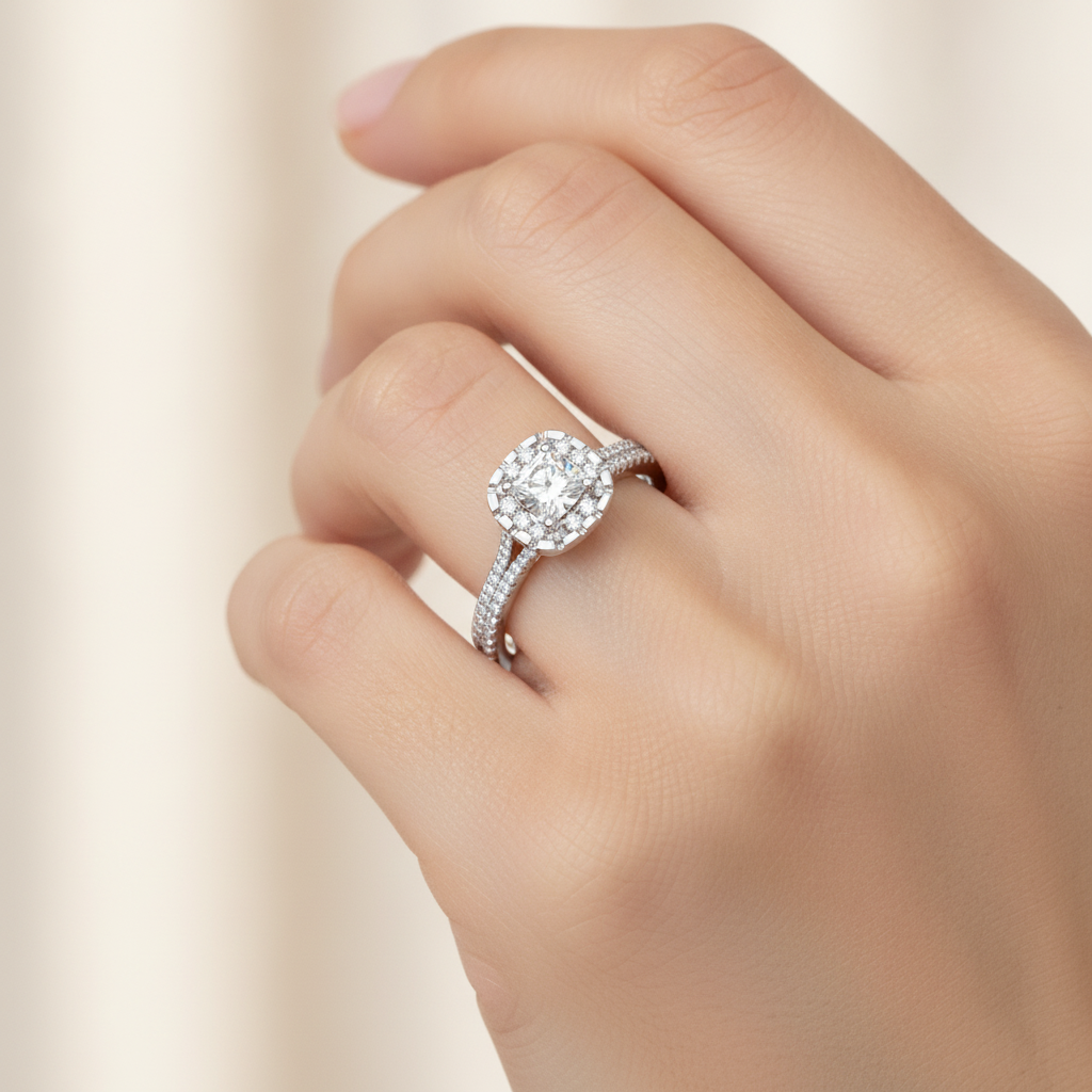 Excellent Halo Engagement Ring In 925 Sterling Silver - Thirteen