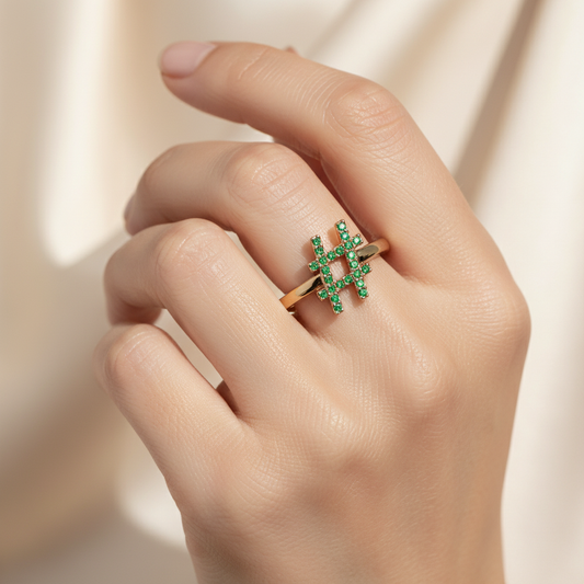 Green Emerald Hashtag Symbol Ring With Pav Stones - Three