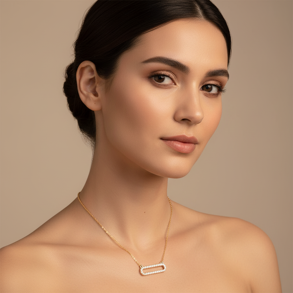 Diamond Horizontal Link Pendant Necklace In White Gold | Minimal Modern Pave Design (16–17 Inch Adjustable) | Jebij - Five