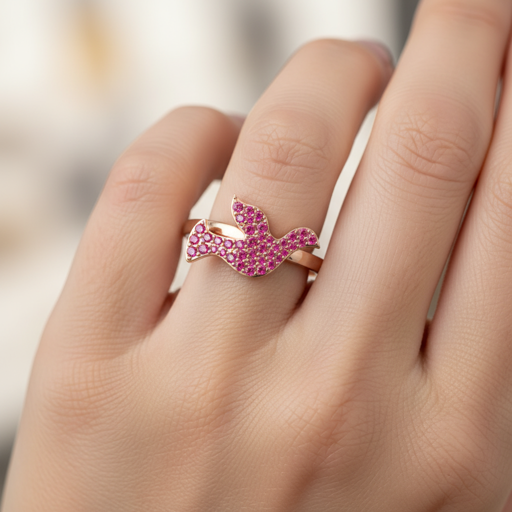 Pav Ruby Butterfly Ring In Rose Tone - Eight