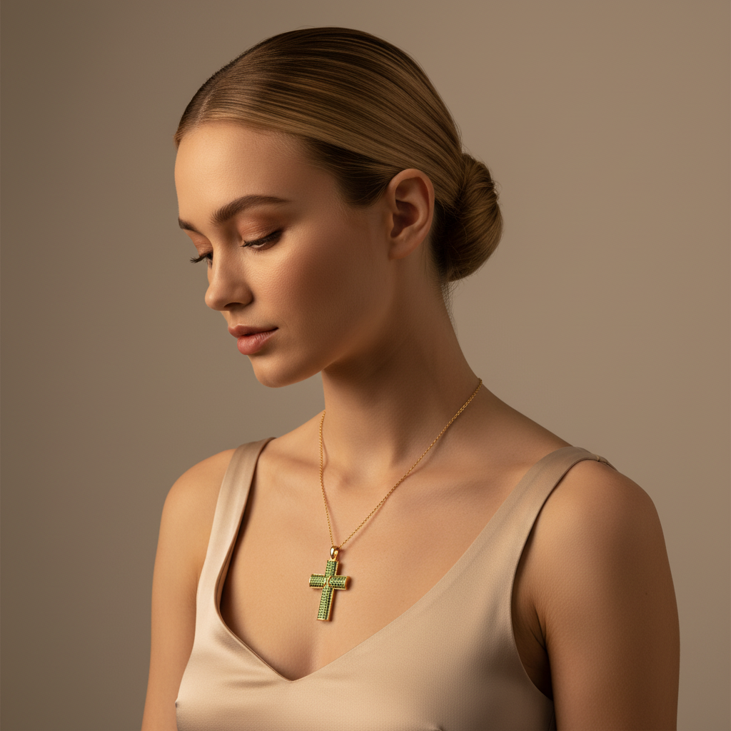 Emerald Pav Cross Pendant Necklace - Five