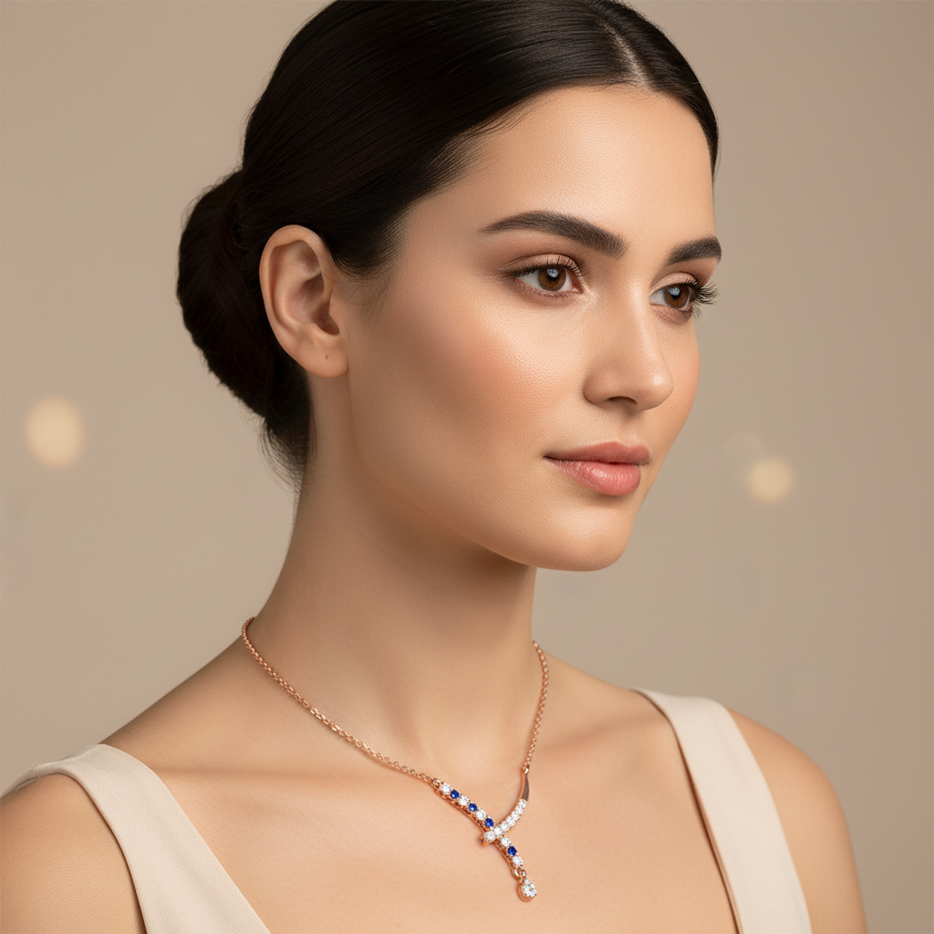 Rose Gold Diamond And Blue Gemstone Accents Drop Necklace - Eleven