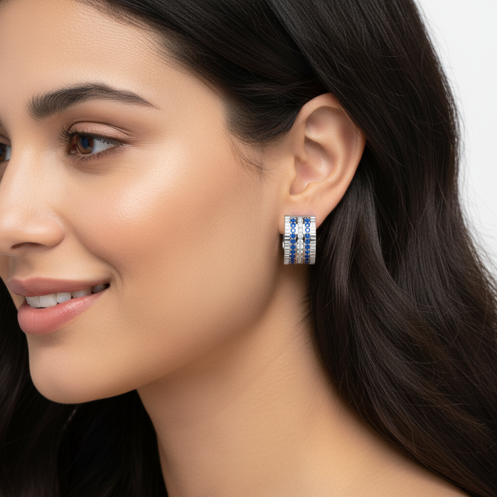 Blue Sapphire & Diamond Triple Row Hoop Earrings In White Gold With Black Enamel | Luxury Hoops | Jebij - Five