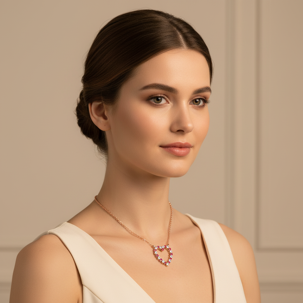 Rose Gold Rubies And Diamond Heart Pendant Necklace In 14K Gold - Five