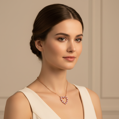 Rose Gold Rubies And Diamond Heart Pendant Necklace In 14K Gold - Five
