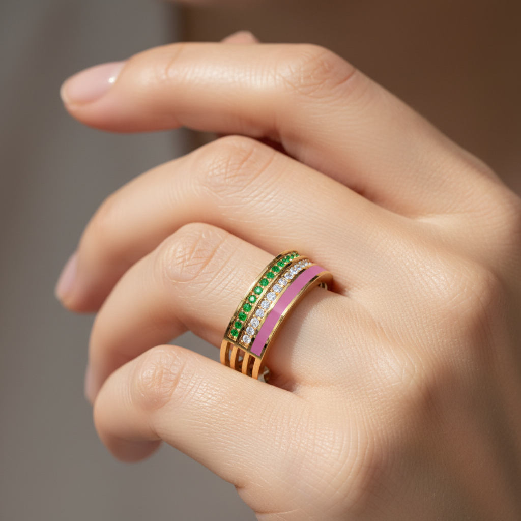 Gold Emerald Diamond Multi-Row Band Ring With Pink Enamel – Statement Luxury Ring - Eight