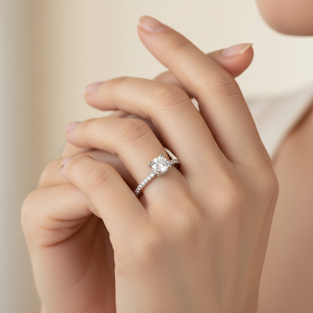 Rose Gold Diamond Halo Engagement Ring With Pav Band - Fourteen