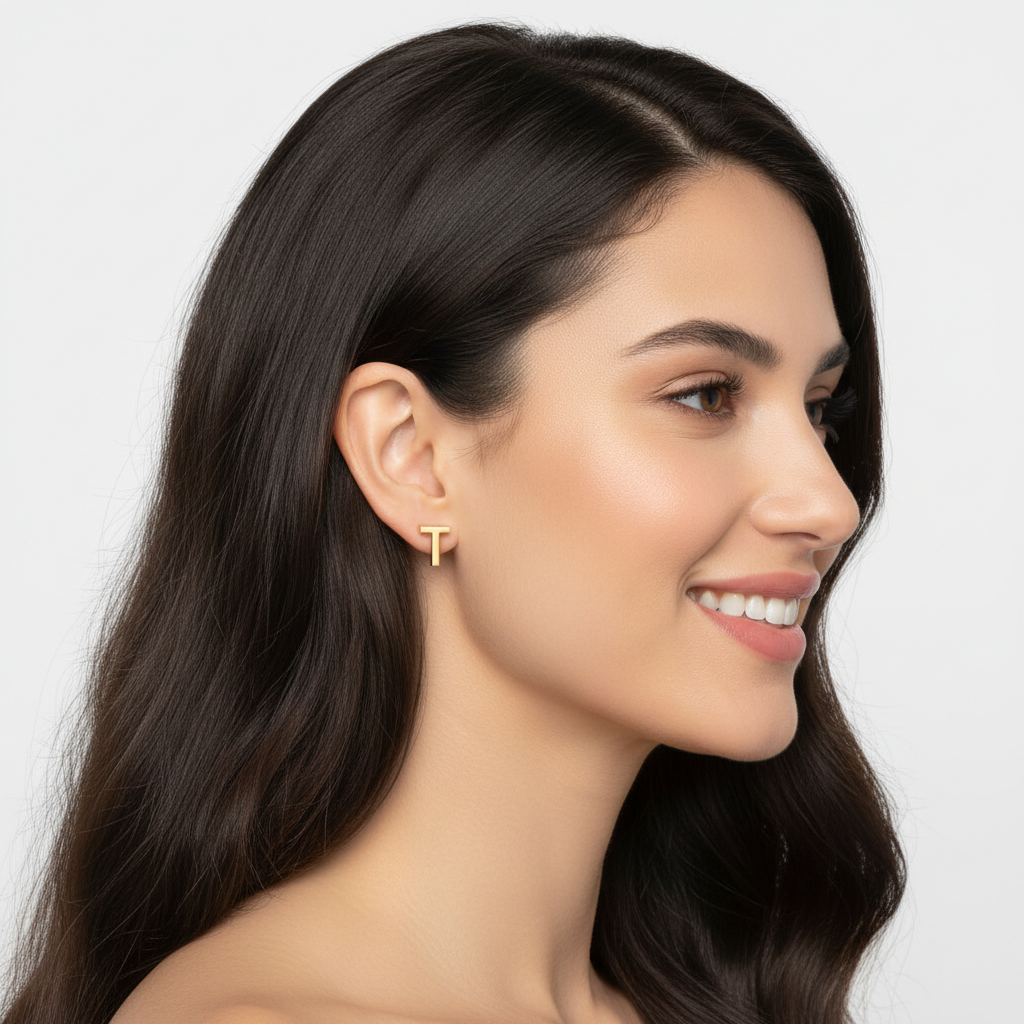 14K Gold Letter T Initial Stud Earrings