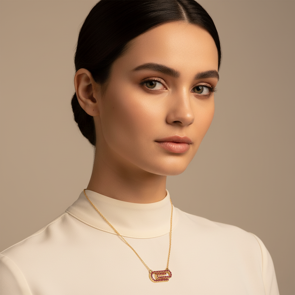 Lab-Grown Ruby Interlocking Link Pendant Necklace In White Gold | Modern Geometric Pave Design (16–17 Inch Adjustable) | Jebij - Five