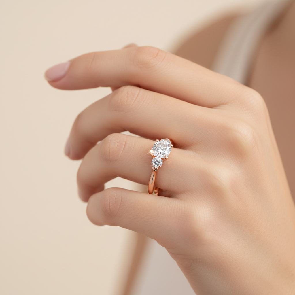 Rose Gold Three Stone Diamond Engagement Ring With Side Stones - Fourteen