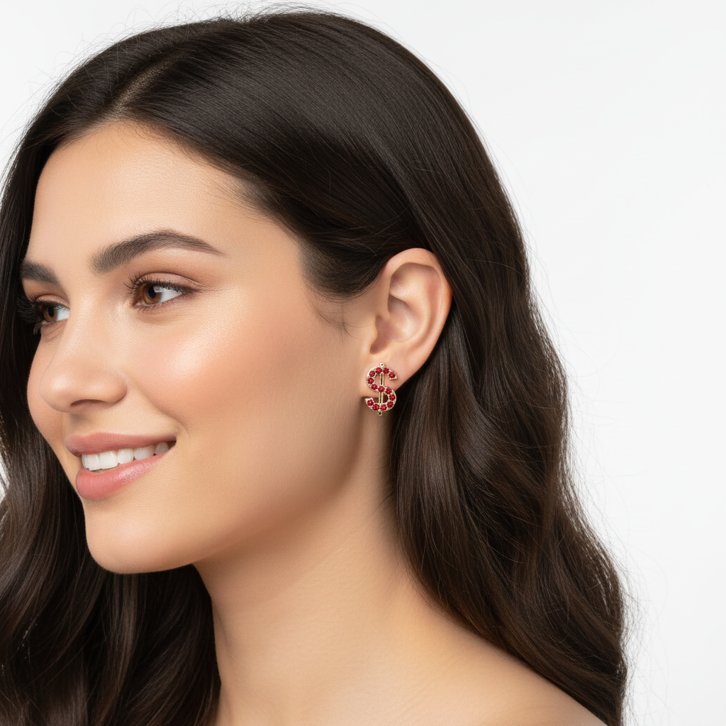 Dollar Sign Stud Earrings With Pink Gemstones - Five