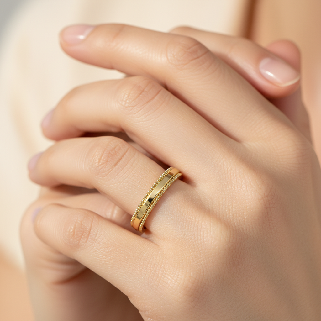 Yellow Gold Milgrain Edge Wedding Band Ring - Fourteen
