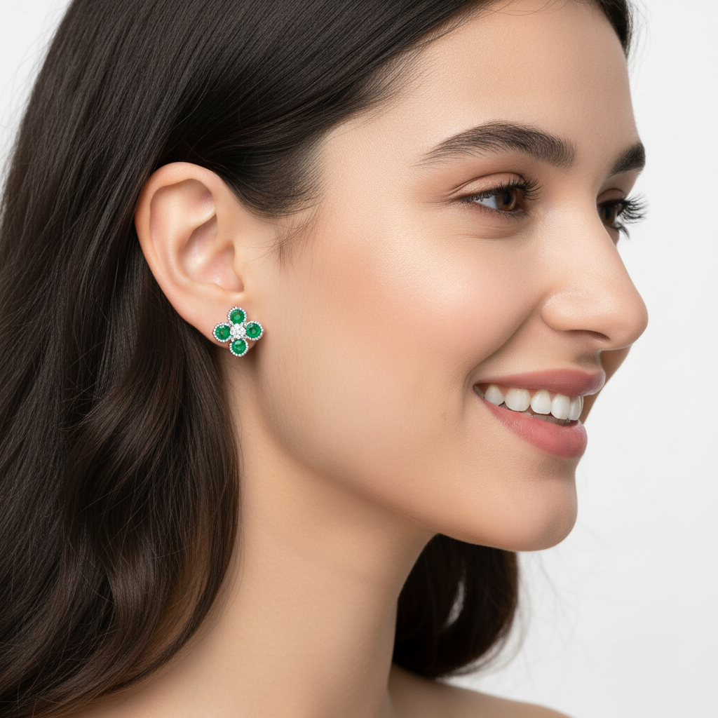925 Sterling Silver Green Emerald Clover Stud Earrings With Diamond Center – Floral Cluster Elegant Jewelry - Four