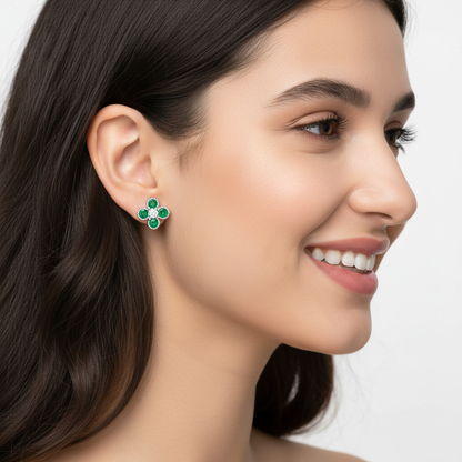 925 Sterling Silver Green Emerald Clover Stud Earrings With Diamond Center – Floral Cluster Elegant Jewelry - Four