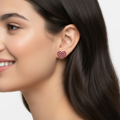Pav Heart Stud Earrings With Pink Gemstones - Five