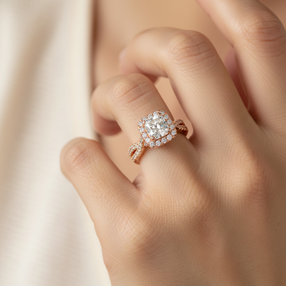Rose Gold Cushion Halo Diamond Engagement Ring With Filigree Detail - Fourteen