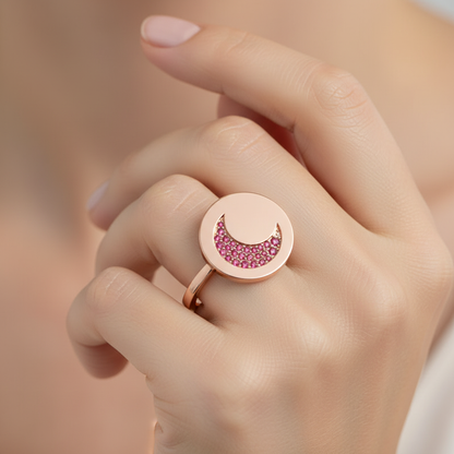 Ruby Crescent Moon Disc Ring - Eight