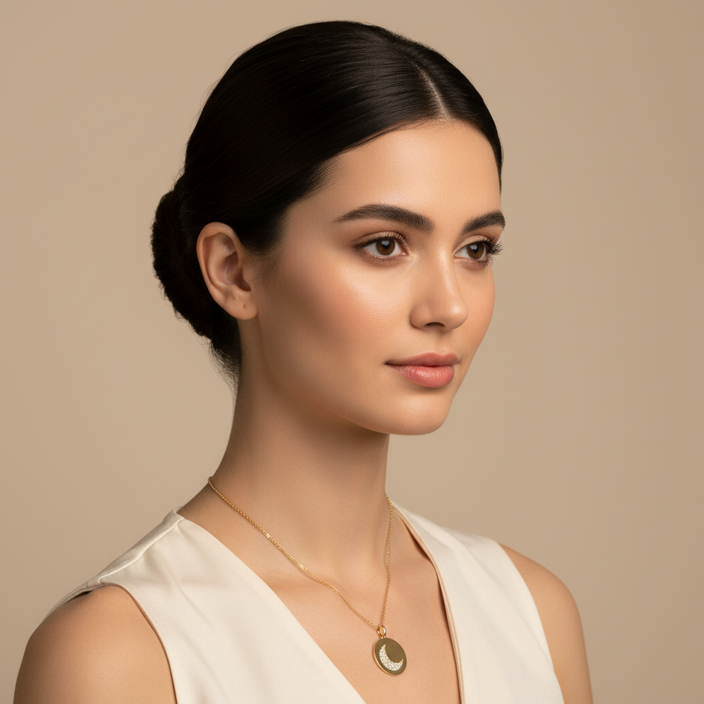 Pav Crescent Moon Disc Pendant Necklace - Four
