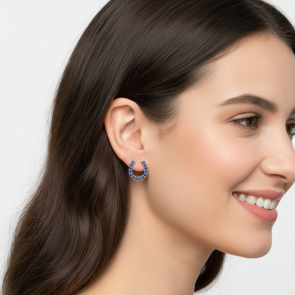Blue Sapphire Horseshoe Stud Earrings With Screw Back Closure - Five