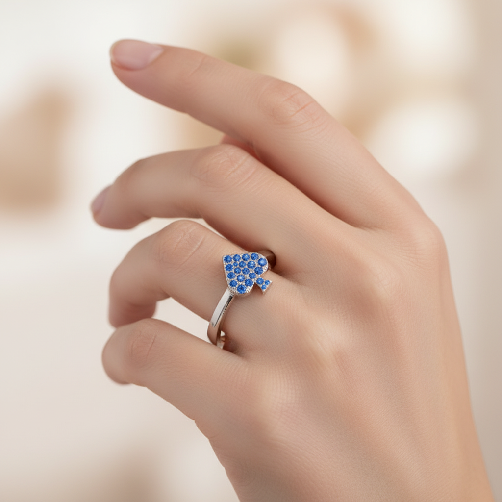 Blue Sapphire Spade Stackable Ring With Pav Setting - Eight
