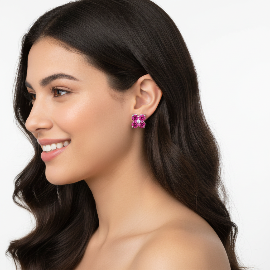 925 Sterling Silver Pink Sapphire And Moissanite Flower Cluster Stud Earrings - Five