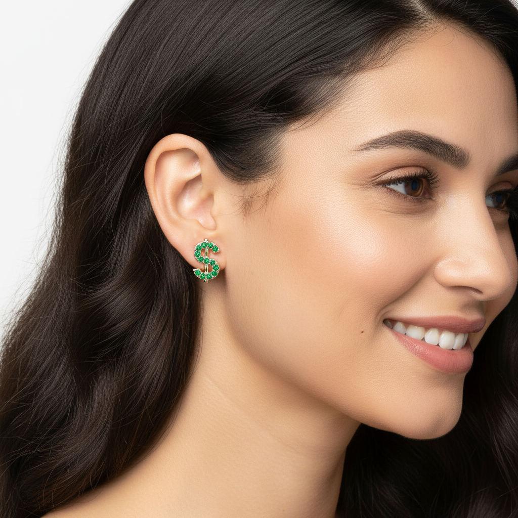 Dollar Sign Stud Earrings With Green Crystals Screw Back Closure - Five