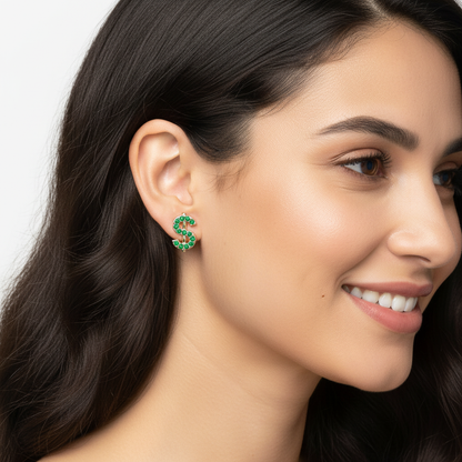 Dollar Sign Stud Earrings With Green Crystals Screw Back Closure - Five